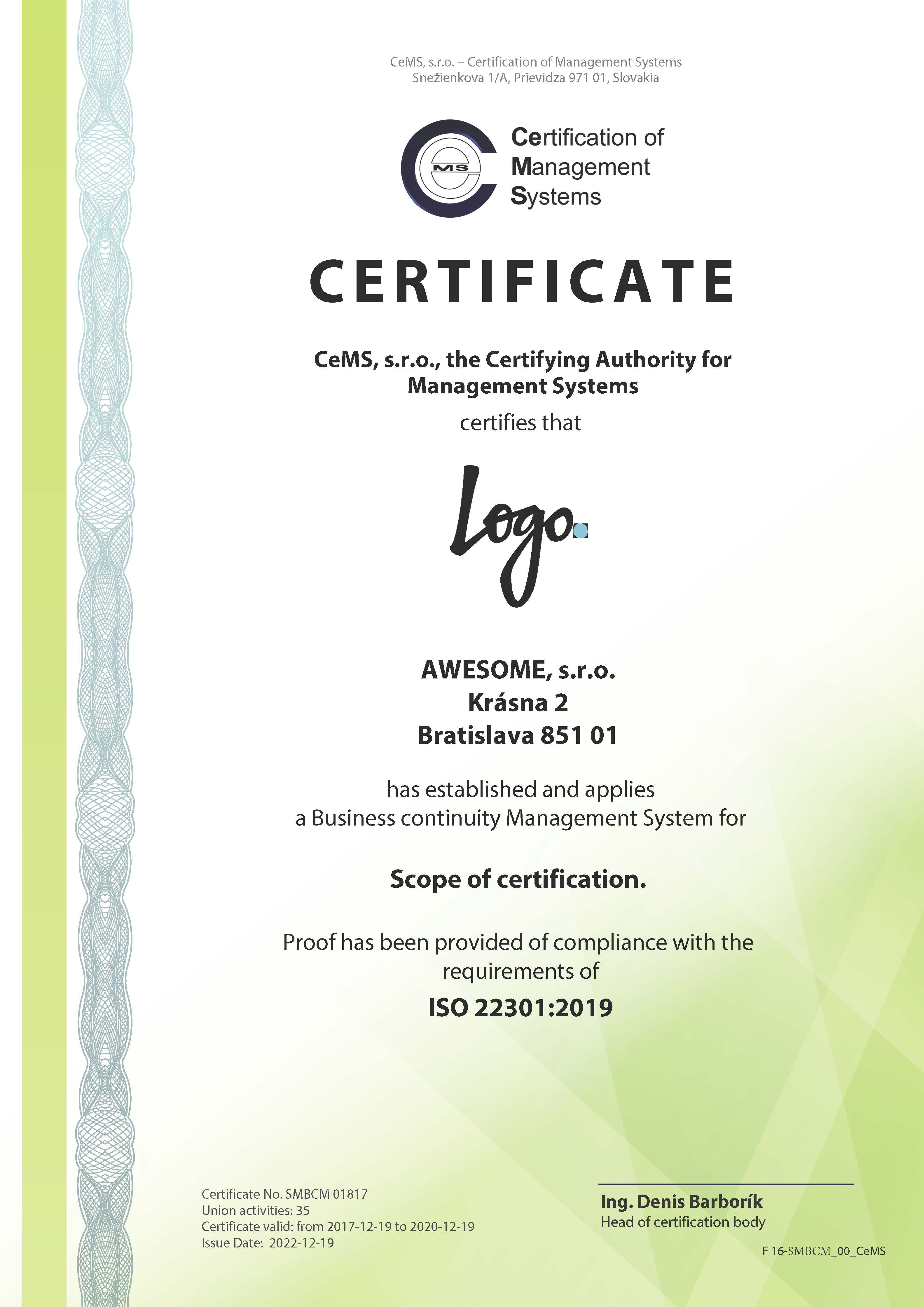 Certificate ISO 22301 by CeMS